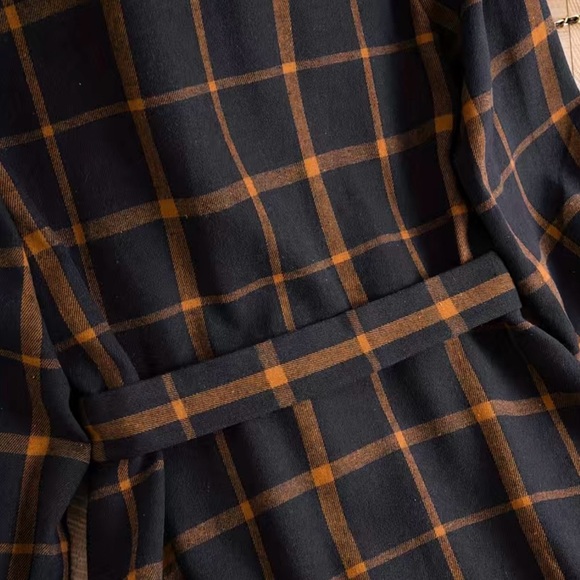 NWOT Navy and Orange Plaid Midi Dress with Belt, Multiple Sizes - Picture 4 of 11